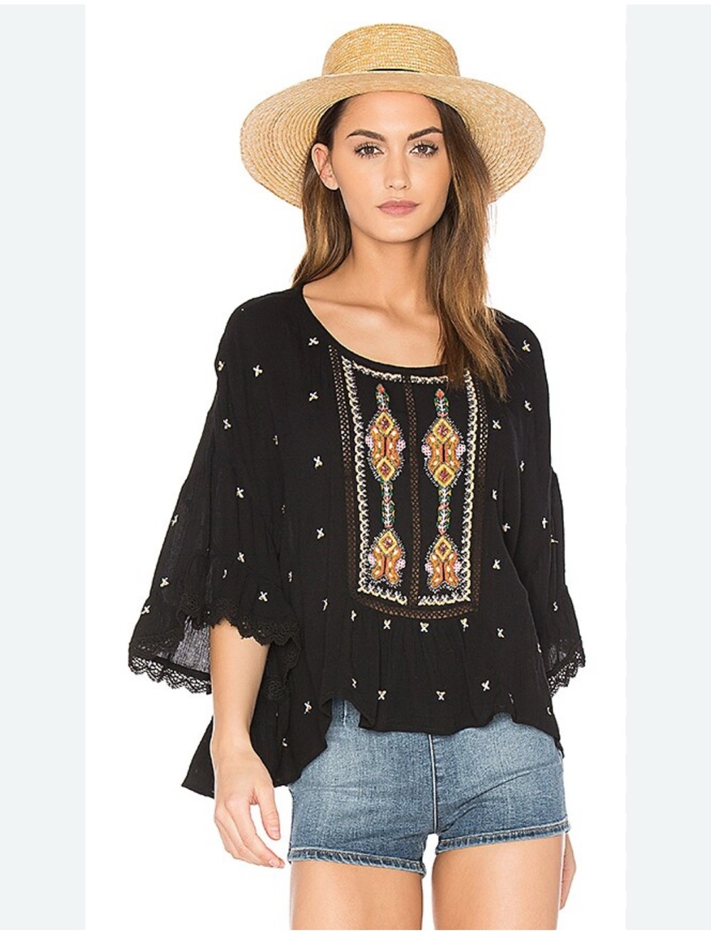 Velvet by Graham & Spencer Black Embroidered Boho Tunic Top
